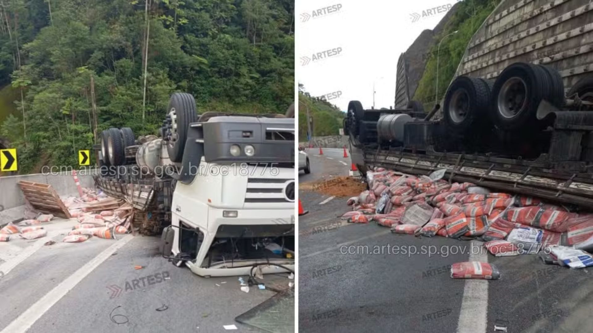 caminhao na tamoios tombado