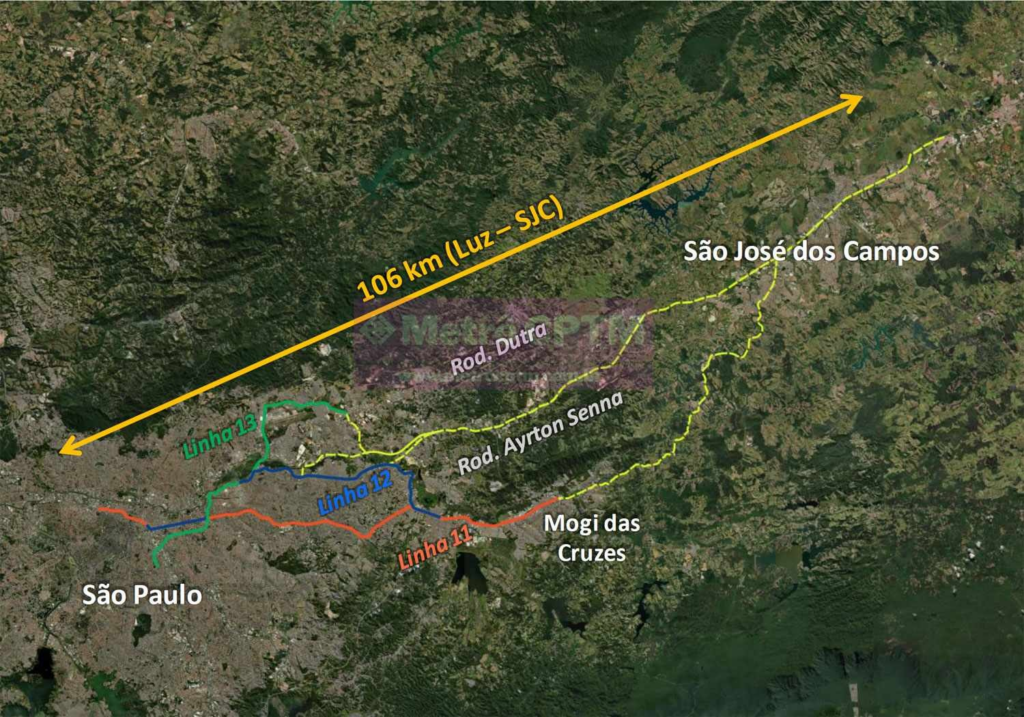 Mapa do trajeto especulado e alternativo para são josé dos campos