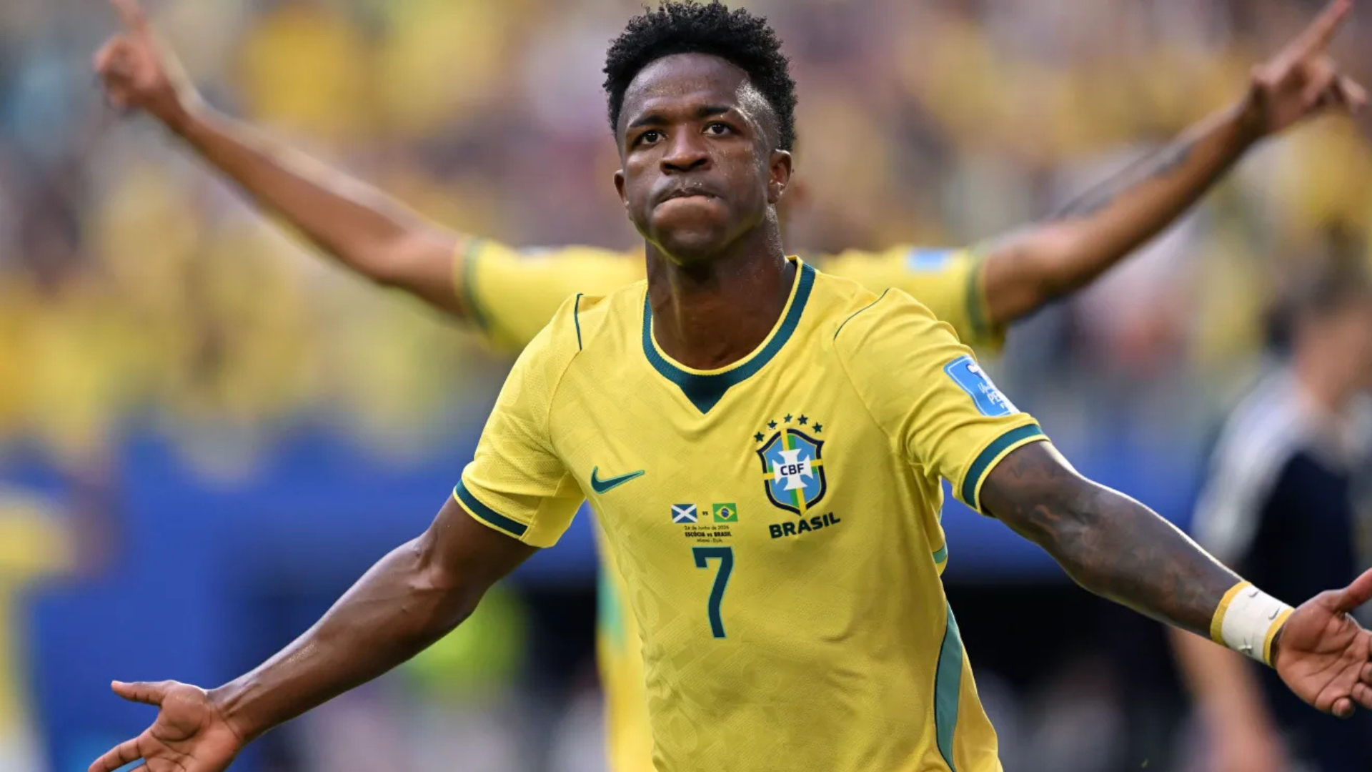 Vini Jr. comemora gol do Brasil sobre a Escócia • Image Photo Agency/Getty Images/Via Fifa