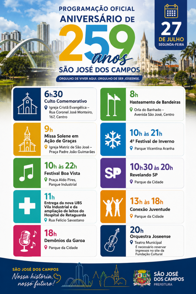 Prefeitura de São José dos Campos divulga programação oficial para o aniversário de 259 anos Cronograma de aniversário de 259 anos de são josé dos campos