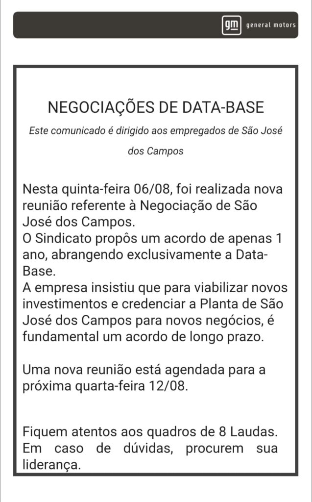 Sindicato e GM emitem comunicados divergentes sobre negociações da data-base em SJC comunicado da general motors
