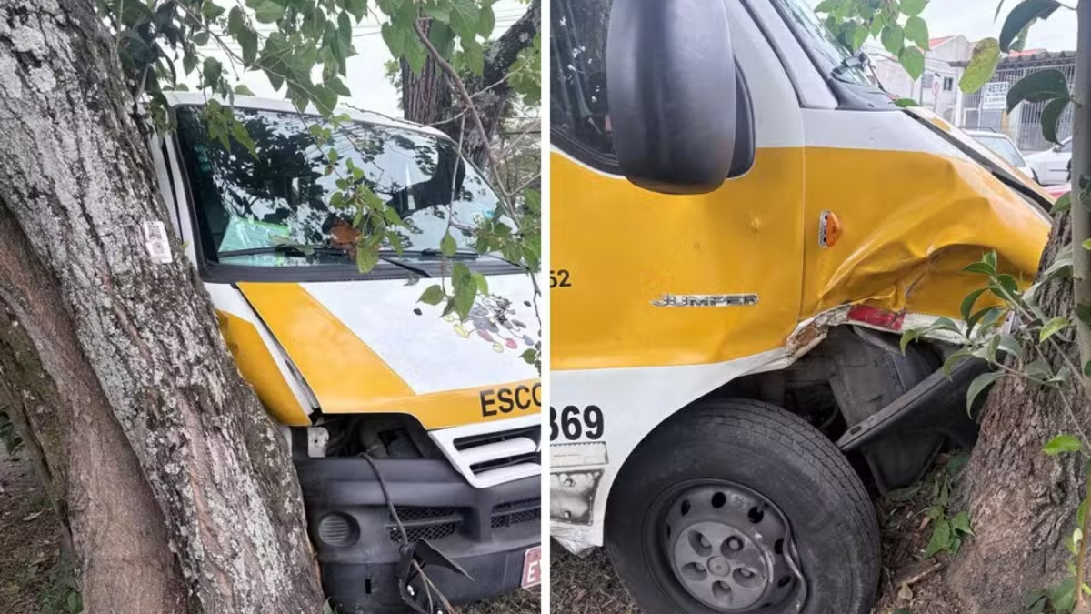 Van escolar com alunos colide contra árvore após batida no Jardim Morumbi em São José dos Campos van escolar bate contra arvore no jardim morumbi em sjc