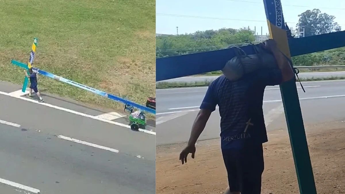 peregrino leva cruz até o santuário de aparecida